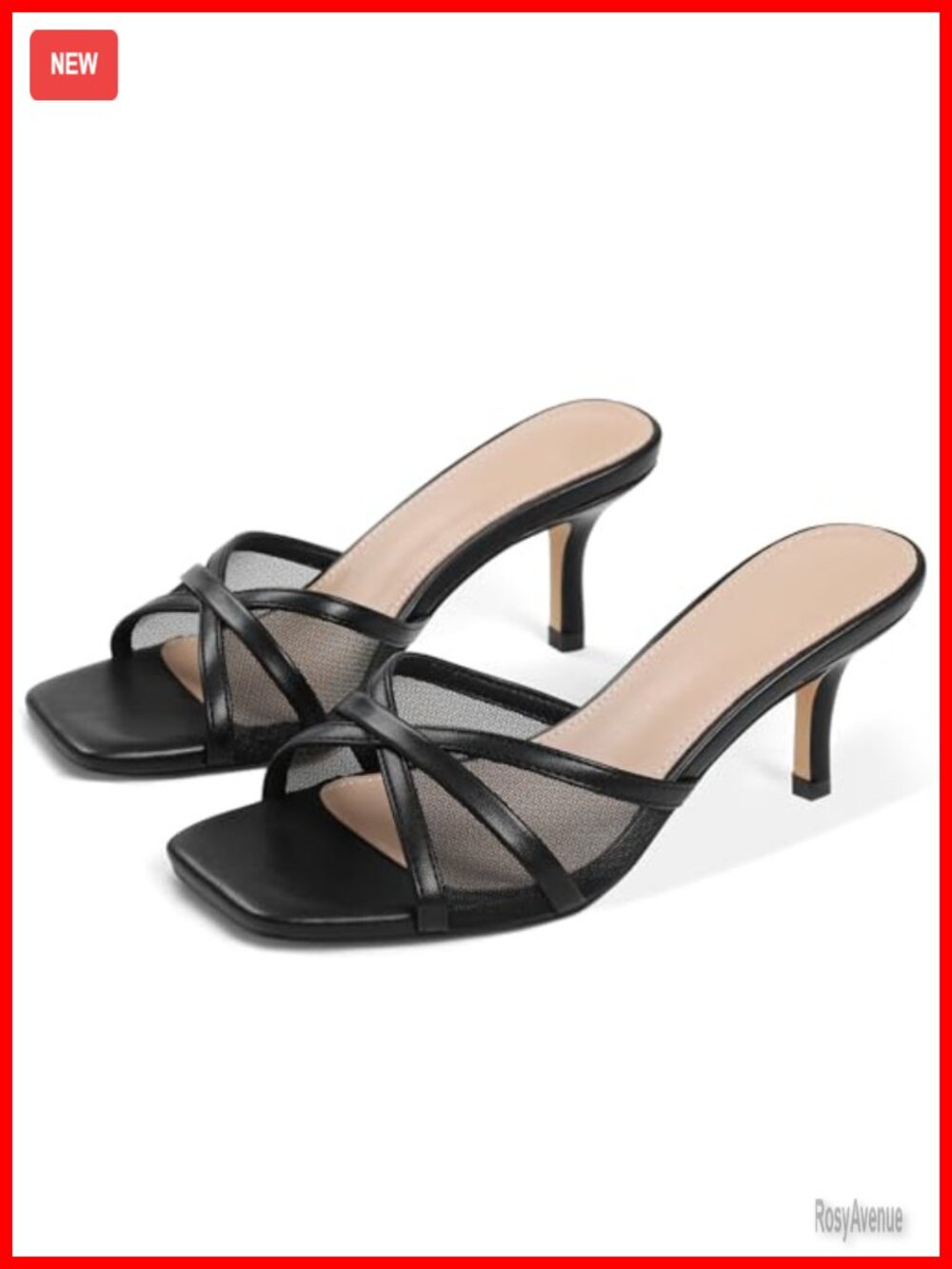 Women's Kitten Heels Mesh Mule Heeled Sandals Square Open Toe